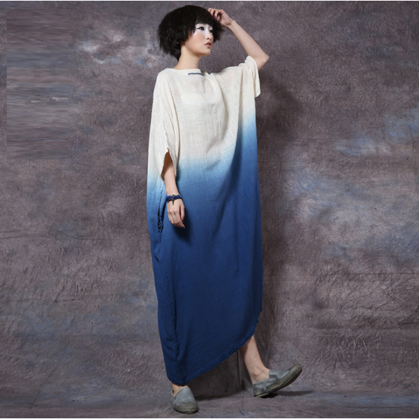 Summer Dress Patchwork Solid Color Women Dress Casual Loose Vintage Dress Slash Neck Batwing Sleeve Cotton Linen Maxi Dress