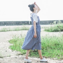 Summer Dress Spaghetti Strap High Waist Women Dress Casual Loose Cotton Linen Plaid Long Dress Black Blue Red Lolita Sundress