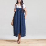 Summer Dress Women Loose Waist Plus Size Women Casual Denim Dress Spaghetti Strap Denim Dress Solid Color Novelty Dress