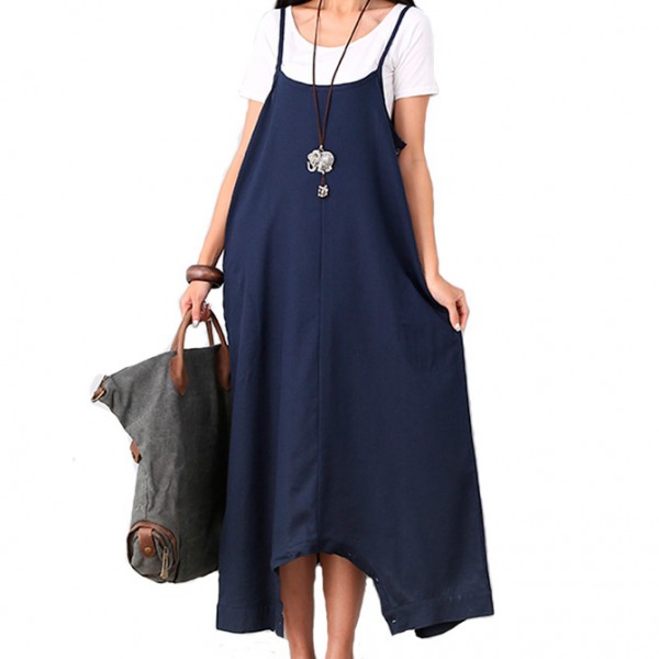 Summer Dress Women Loose Waist Plus Size Women Casual Dress Spaghetti Strap Cotton Linen Maxi Dress Solid Color Novelty Dress