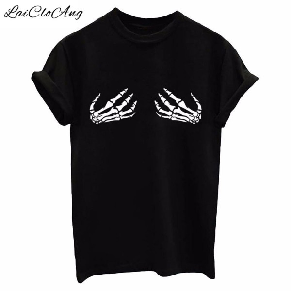 Summer Fashion T Shirt Women Short Sleeve O-Neck Black Thin Loose Tops Hand Bones Print Letter Camisetas Feminina T-Shirts