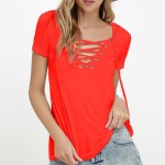 Summer Fashion Women T-shirts Short Sleeve Sexy Deep V Neck Bandage Shirts Women Lace Up Tops Tees T Shirt Plus Size TM17030301