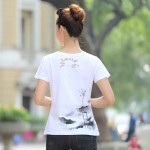 Summer Female T-shirt Plus Size Women Cute Print T shirt Basic Chinese ink painting style Lotus Short Sleeve Shirts Casual Tops