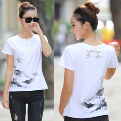 Summer Female T-shirt Plus Size Women Cute Print T shirt Basic Chinese ink painting style Lotus Short Sleeve Shirts Casual Tops