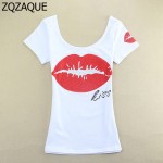 Summer Final Big Sale! Ladies' Short-sleeved Shining Diamond Lip Pattern U-neck T-shirt Women's Elastic Tops Free Shipping SY446