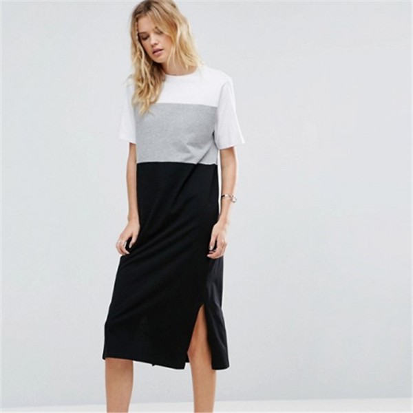 Summer New Europe Fashion Hit Color Simple Dresses for Women Short Sleeve Split hem Leisure Dress Female Street Cool Vestidos XL