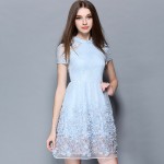 Summer OL gentlewoman Shoulder Hollow out Dress crochet rose lace stand collar slim princess dress Women's Sky blue dress 2146