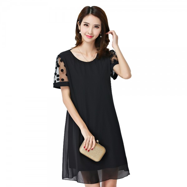 Summer Plus Oversize 5XL Chiffon Women Black Dress O neck Polka Dot Mesh Short Sleeve Loose Flare Layer  Elegant Mini Vestido