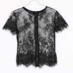 Summer Sexy Women Blusas Femininas Black short Sleeve V Neck Sexy Vintage Lace Blouse Hollow Out Zipper Back Crop Top Clubwear