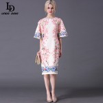 Summer Style Designer Runway Dress Women's Flare Sleeve Slim Printed Jacquard Appliques Sheath Dress