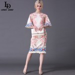 Summer Style Designer Runway Dress Women's Flare Sleeve Slim Printed Jacquard Appliques Sheath Dress