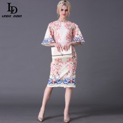 Summer Style Designer Runway Dress Women's Flare Sleeve Slim Printed Jacquard Appliques Sheath Dress