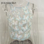 Summer Style Elegant Blue Butterfly Embroidery Lace CropTop Girls Backless Sexy Chic Camis Women Hollow Out Tank Tops