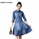 Summer Style Women Denim Dress Women Clothes Vintage Half Sleeve Long Embroidery Slim Dresses Plus Size Vestidos de festa D52547