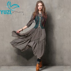 Summer Style Women Dress 2017 Yuzi.may Vintage Tunic Cotton Combo Dresses Mandarin Collar Three Quarter Sleeve Maxi Vestido 6526