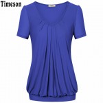 Summer Tops Women Short Sleeve V-Neck Dressy Tunic Tops Front Pleated Classic T shirt Candy Color Women Casual Plus Size T-Shirt