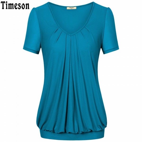 Summer Tops Women Short Sleeve V-Neck Dressy Tunic Tops Front Pleated Classic T shirt Candy Color Women Casual Plus Size T-Shirt