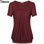 Summer Tops Women Short Sleeve V-Neck Dressy Tunic Tops Front Pleated Classic T shirt Candy Color Women Casual Plus Size T-Shirt