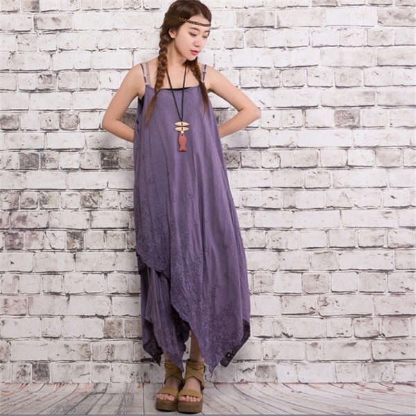 Summer Women Asymmetrical Strap Dress Chinese Style Cotton Linen Embroidery Vintage Retro Mori Girl Dresses Faldas 86053B
