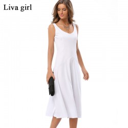 Summer Women Chiffon Sexy Casual Sleeveless O-Neck Solid Color Pleased Dress Plus Size Beach White Black Blue Sweet Dress 726