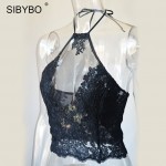 Summer Women Lace Crop Tops Elegant  White / Black Backless Sexy Gauze Cami Spaghetti Strap Short Halter Beach Cropped Tank Top