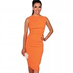 Summer Women O-Neck Sleeveless Full Back Zipper Stretch Bodycon Knee-Length Business Pencil Dresses 255