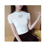 Summer Women Sweet Cute Love Shap Heart Hollow out Chest Sexy T-shirt Gauze Solid Candy Colors Cotton Short sleeve Slim Shirt