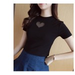 Summer Women Sweet Cute Love Shap Heart Hollow out Chest Sexy T-shirt Gauze Solid Candy Colors Cotton Short sleeve Slim Shirt