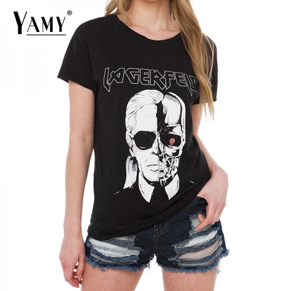Summer t shirt women tops skull printed Karl black punk rock short sleeve o-neck casual t-shirts women tees 2017 new tops