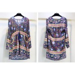 Summer women's old style loose cotton dress beach vacation holiday boho hippie dress blue color loose printing mini dress