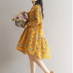 Sweet Chiffon Dress 2017 Spring New Women Literary Vintage Stand Collar Long Sleeve Flower Printed Ruffles Dress Mori Girl
