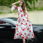 Sweet Dress New New 3D Red Flowers Printed Women 2016 Summer Short Flare Sleeve High Quality White Dress Plus Size XXL