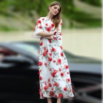 Sweet Dress New New 3D Red Flowers Printed Women 2016 Summer Short Flare Sleeve High Quality White Dress Plus Size XXL