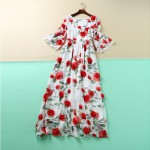 Sweet Dress New New 3D Red Flowers Printed Women 2016 Summer Short Flare Sleeve High Quality White Dress Plus Size XXL