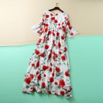 Sweet Dress New New 3D Red Flowers Printed Women 2016 Summer Short Flare Sleeve High Quality White Dress Plus Size XXL