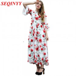 Sweet Dress New New 3D Red Flowers Printed Women 2016 Summer Short Flare Sleeve High Quality White Dress Plus Size XXL