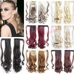 Synthetic Wrap Around Ponytail Clip In On Hair Extensions Invisible ribbon HairPiece Pop Pony Wavy Curly 12 colors 24inches 100g