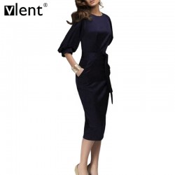 Sytiz Elegant Office Bodycon Dress Bow Bandage Belted Plus Size Long Party Dresses Evening Women Lantern Sleeve Pencil Dress 