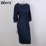 Sytiz Elegant Office Bodycon Dress Bow Bandage Belted Plus Size Long Party Dresses Evening Women Lantern Sleeve Pencil Dress 