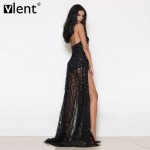 Sytiz Sexy Off Shoulder Sequin Tassel Strap Mesh Dress 2016 Women Vintage Backless Maxi Evening Party Black Transparent Dress