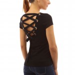 T Shirt Women Punk Tee Shirt Femme Woman Tops Sexy Backless Hollow Bandage 2017 Fashion Short Sleeve Femme Camisetas Feminina