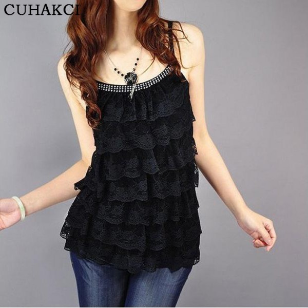 T10* 2017 Sexy Multilayer Lace Women's Lady Tanks Top Cotton Sleeveless Blouse Lace Vest T Shirt Camisole Singlets Free Shipping