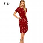 T'O 2016 Elegant Vintage Polka Dot Slim Frill Large Size Professional Tunic dress Office Work Business Bodycon Sheath Dress 135