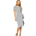 T'O 2016 Elegant Vintage Polka Dot Slim Frill Large Size Professional Tunic dress Office Work Business Bodycon Sheath Dress 135