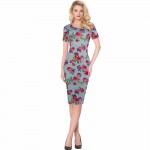 T'O 2016 New Hot Europe Fashion Round Neck Rose Flower Print Short Sleeve Pink/Khaki/Blue/White Casual Work Party Dresses 240