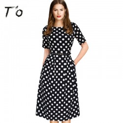 T'O Elegant Spring Fall Polka Dot Patchwork Tunic Pinup Half Sleeve Pocket High Waist Work Office Casual Party Skater Dress 225