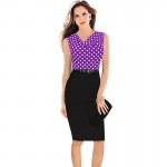 T'O Elegant Women Polka Dot Purple Blue Patchwork Sleeveless Vintage Dresses Office Lady Work Business Bodycon Pencil Dress 247 