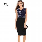 T'O Elegant Women Polka Dot Purple Blue Patchwork Sleeveless Vintage Dresses Office Lady Work Business Bodycon Pencil Dress 247 