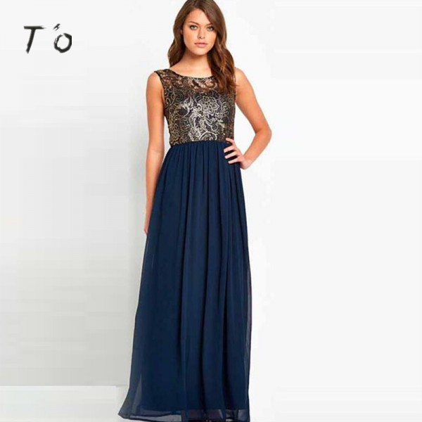 T'O Plus Size 4XL 5XL Evening Long Dress Sleeveless V Back Chiffon Lace Patchwork Metallic Elegant Party Dresses Vestidos 309