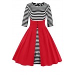 T'O Stripe 3/4 Sleeve Swing Dress 4xl 5xl Plus Size Button Tunic Ruffled A Line Prom Party Club Casual Autumn Spring Dress 339